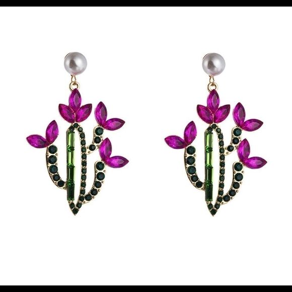 Earrings Cactus Faux Pearls Rhinestone Zinc Alloy - Picture 1 of 11